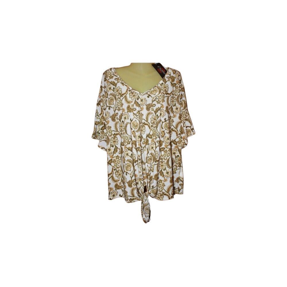 Cocomo Womens Ruffle Sleeve Blouse 2X Floral Tie Brown Mature Travel Friendly